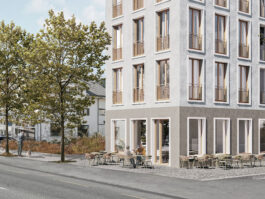 Detailvisualisierung des SMARTHOUSE OFFICE in Glis, Brig: Fokus auf die Architektur des Eingangsbereich Restaurant im Erdgeschoss, entworfen von Architektur Holzer GmbH.