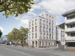 Visualisierung des SMARTHOUSE OFFICE in Glis, Brig: Klassisches Büro- und Geschäftsgebäude mit Restaurant im Erdgeschoss an der Gliseralle, entworfen von Architektur Holzer GmbH.
